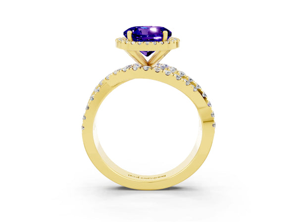 Yellow gold Round Cut Tanzanite Halo Ring with Round Split Shank and Prong Setting