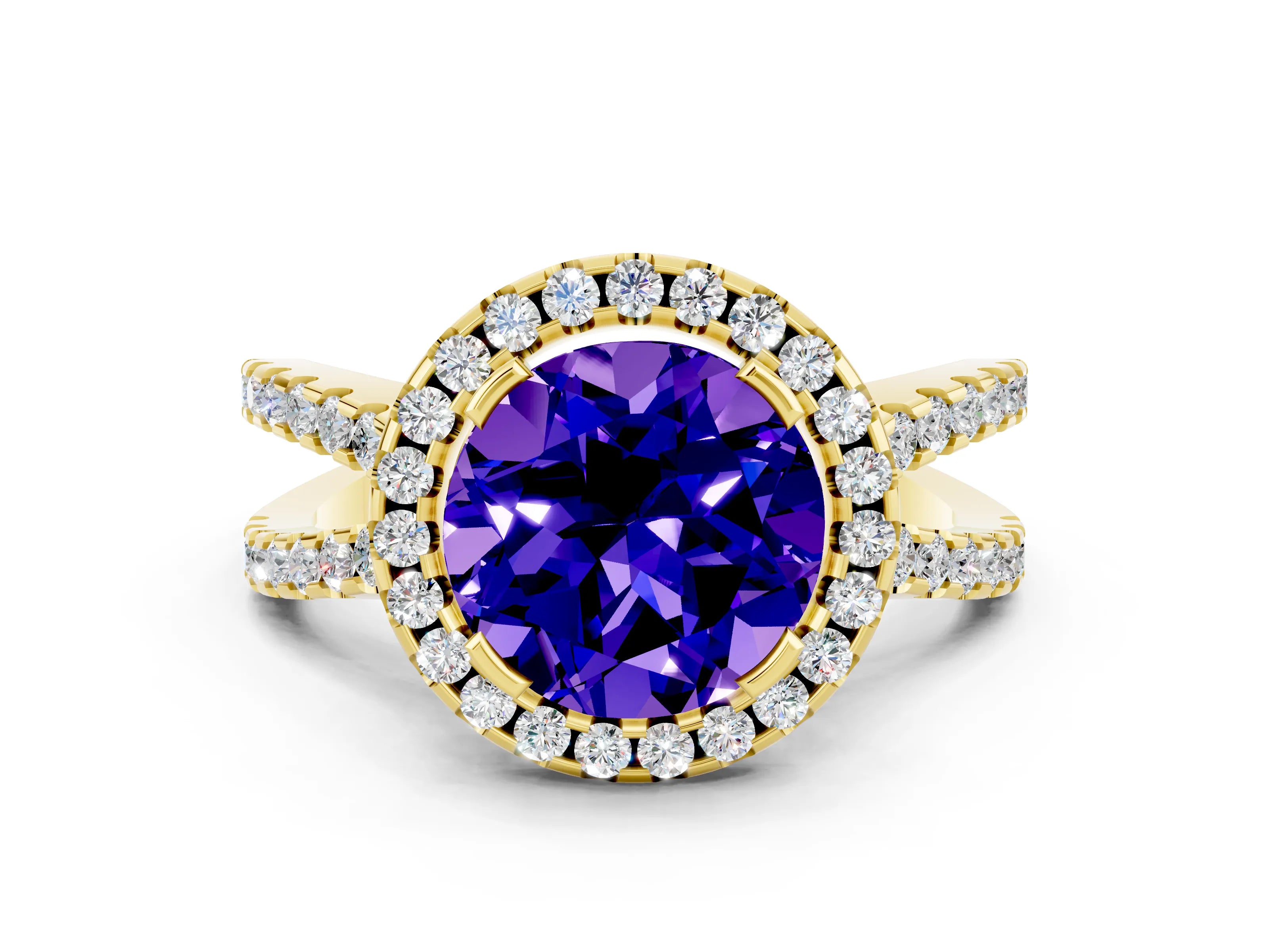 Yellow gold Round Cut Tanzanite Halo Ring with Split Shank Pavé Band and Prong Setting