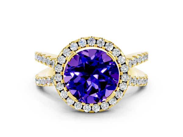 Yellow gold Round Cut Tanzanite Halo Ring with Split Shank Pavé Band and Prong Setting