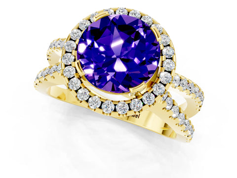 Yellow gold Round Cut Tanzanite Halo Ring with Split Shank Pavé Band and Prong Setting_1