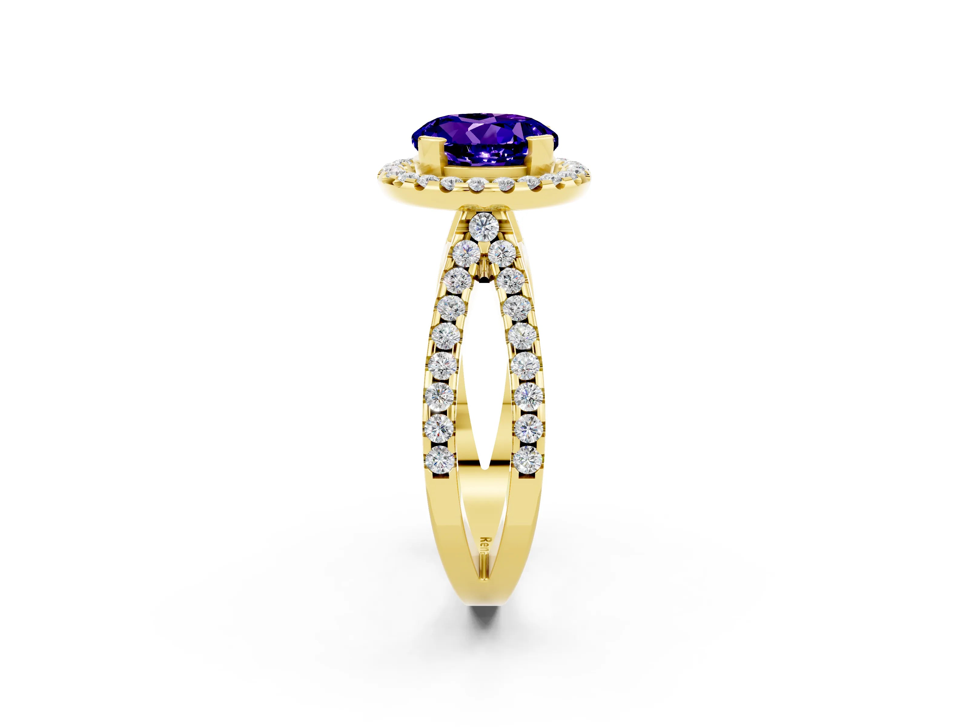 Yellow gold Round Cut Tanzanite Halo Ring with Split Shank Pavé Band and Prong Setting_2