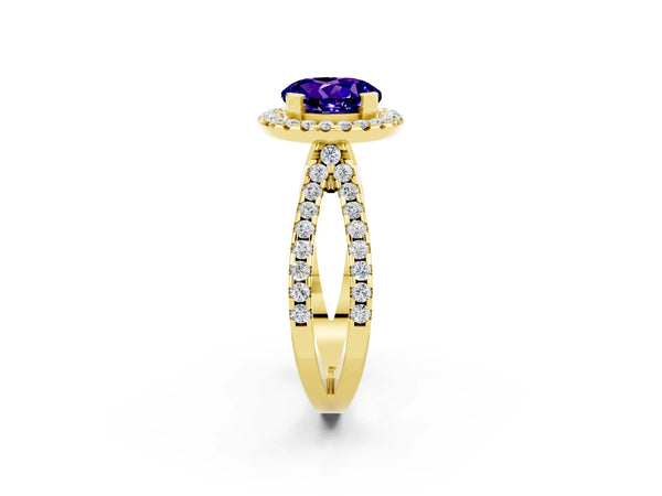 Yellow gold Round Cut Tanzanite Halo Ring with Split Shank Pavé Band and Prong Setting