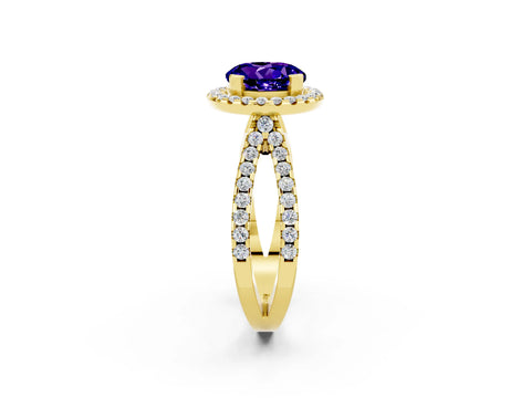 Yellow gold Round Cut Tanzanite Halo Ring with Split Shank Pavé Band and Prong Setting_2