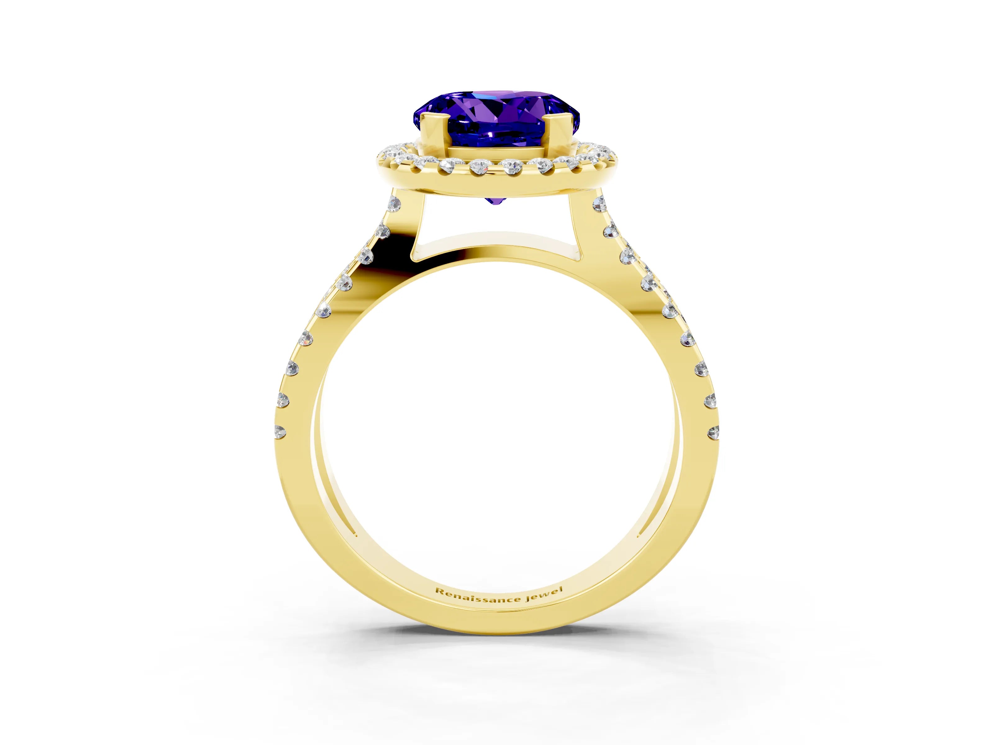Yellow gold Round Cut Tanzanite Halo Ring with Split Shank Pavé Band and Prong Setting_3
