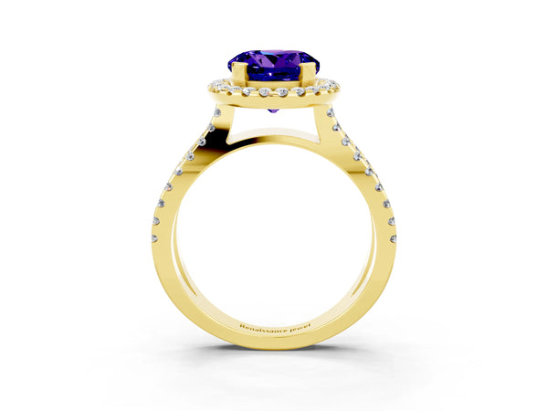 Yellow gold Round Cut Tanzanite Halo Ring with Split Shank Pavé Band and Prong Setting