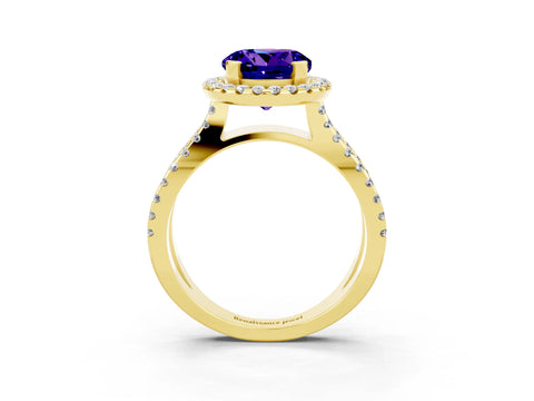 Yellow gold Round Cut Tanzanite Halo Ring with Split Shank Pavé Band and Prong Setting_3