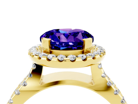 Yellow gold Round Cut Tanzanite Halo Ring with Split Shank Pavé Band and Prong Setting_4