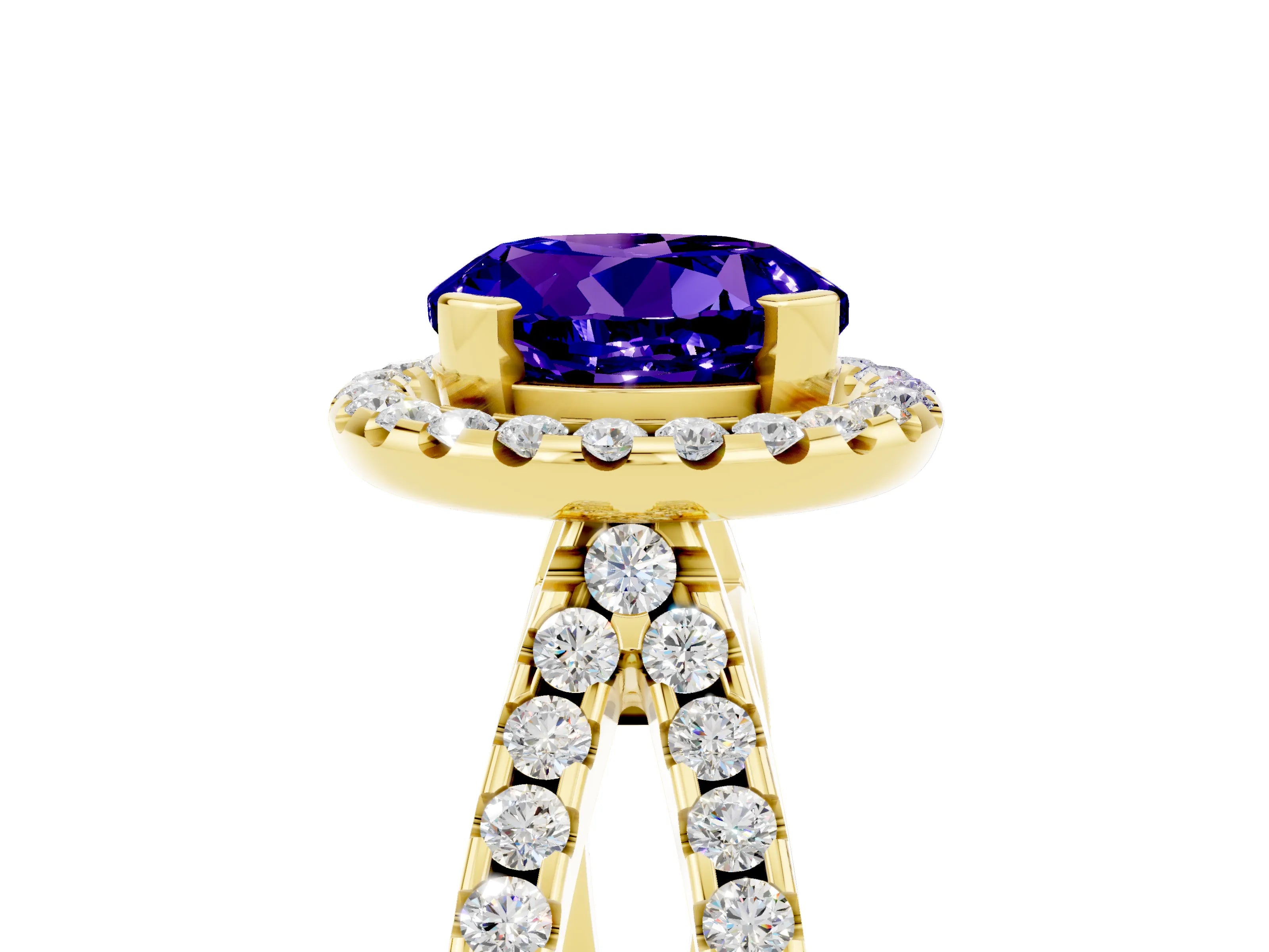 Yellow gold Round Cut Tanzanite Halo Ring with Split Shank Pavé Band and Prong Setting_5