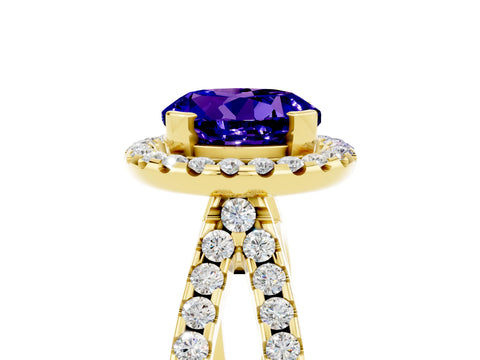 Yellow gold Round Cut Tanzanite Halo Ring with Split Shank Pavé Band and Prong Setting_5