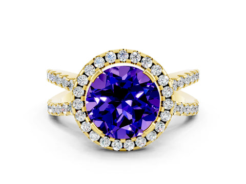 Yellow gold Round Cut Tanzanite Halo Ring with Split Shank Pavé Band and Prong Setting