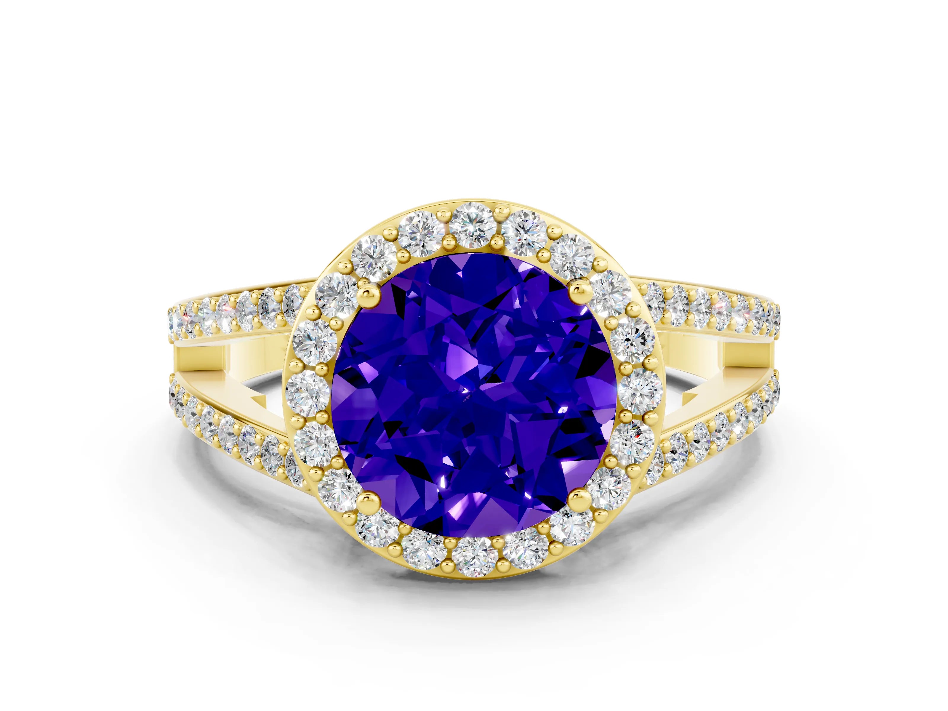 Yellow gold Round Cut Tanzanite Halo Ring with Split Shank U-Prong Band and Four-Prong Setting