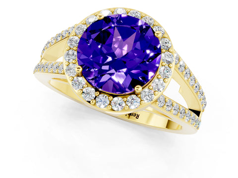 Yellow gold Round Cut Tanzanite Halo Ring with Split Shank U-Prong Band and Four-Prong Setting_1