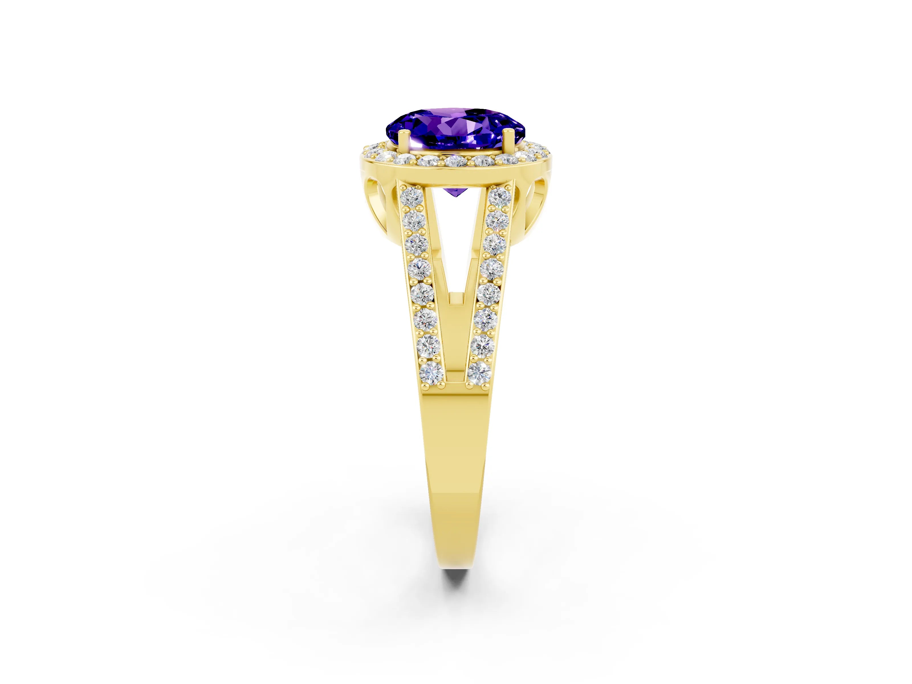 Yellow gold Round Cut Tanzanite Halo Ring with Split Shank U-Prong Band and Four-Prong Setting_2