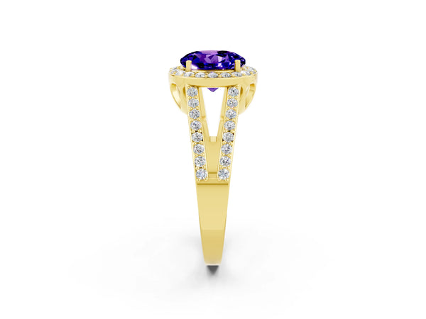 Yellow gold Round Cut Tanzanite Halo Ring with Split Shank U-Prong Band and Four-Prong Setting