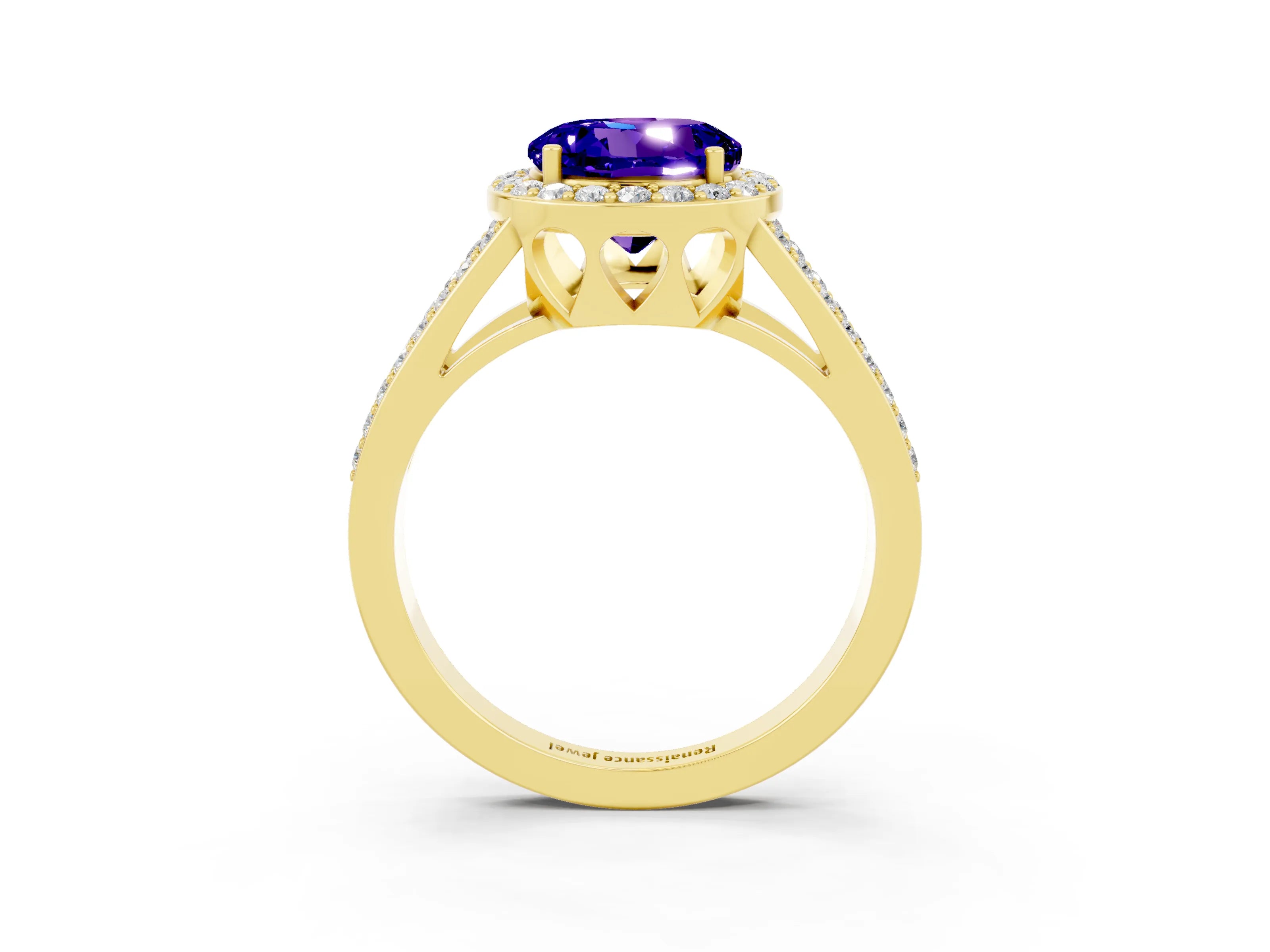 Yellow gold Round Cut Tanzanite Halo Ring with Split Shank U-Prong Band and Four-Prong Setting_3
