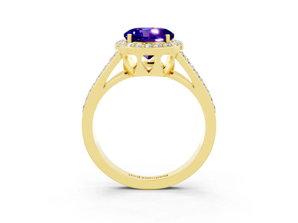 Yellow gold Round Cut Tanzanite Halo Ring with Split Shank U-Prong Band and Four-Prong Setting