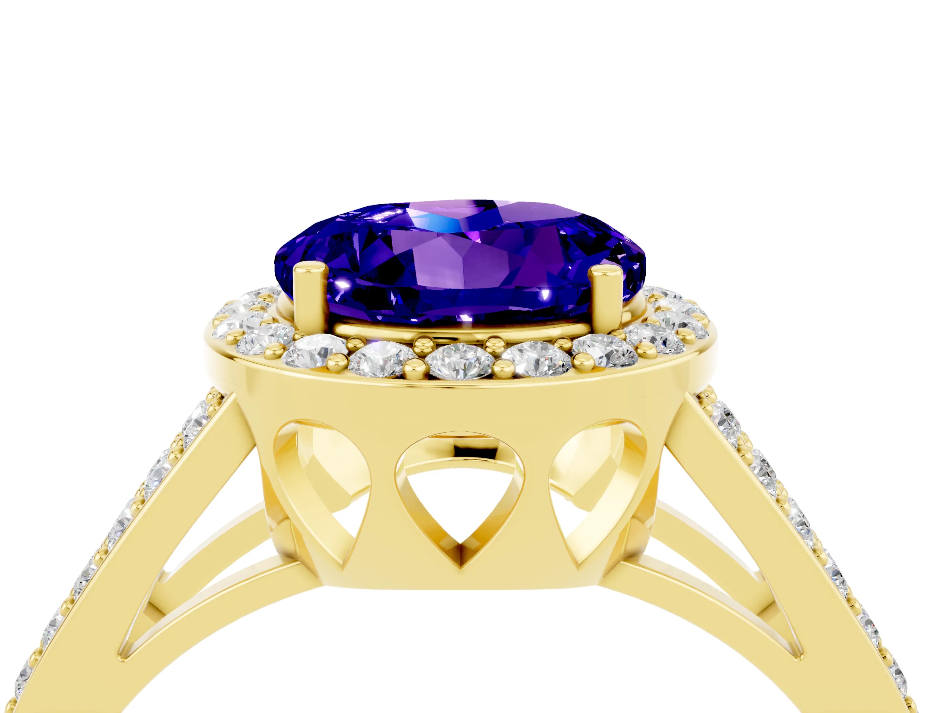 Yellow gold Round Cut Tanzanite Halo Ring with Split Shank U-Prong Band and Four-Prong Setting_4