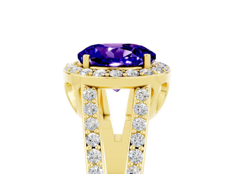 Yellow gold Round Cut Tanzanite Halo Ring with Split Shank U-Prong Band and Four-Prong Setting_5