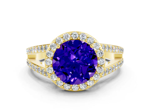 Yellow gold Round Cut Tanzanite Halo Ring with Split Shank U-Prong Band and Four-Prong Setting
