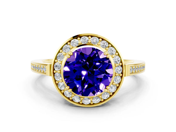 Yellow gold Round Cut Tanzanite Halo Ring with Split Shank and Four-Prong Setting