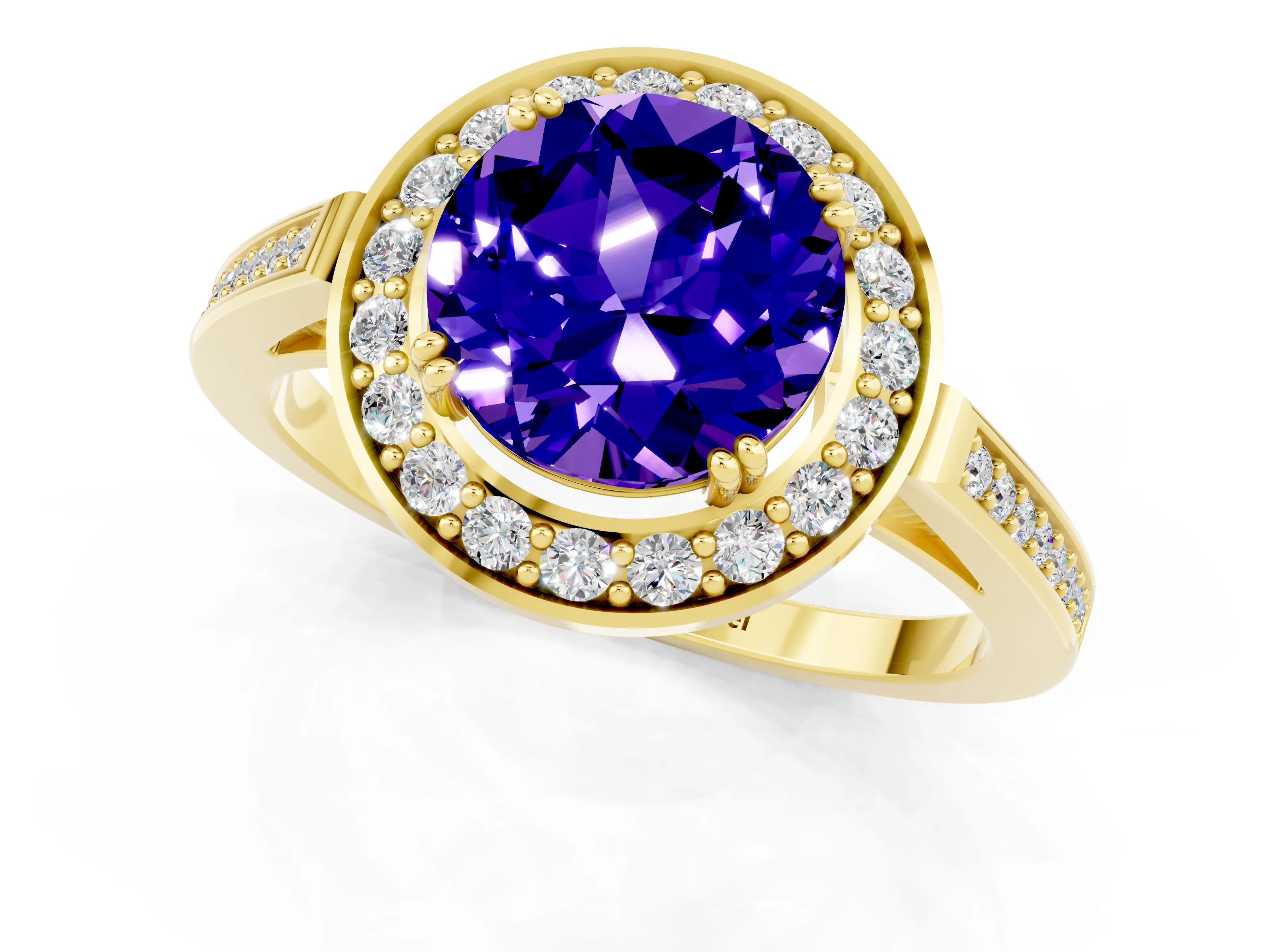 Yellow gold Round Cut Tanzanite Halo Ring with Split Shank and Four-Prong Setting_1