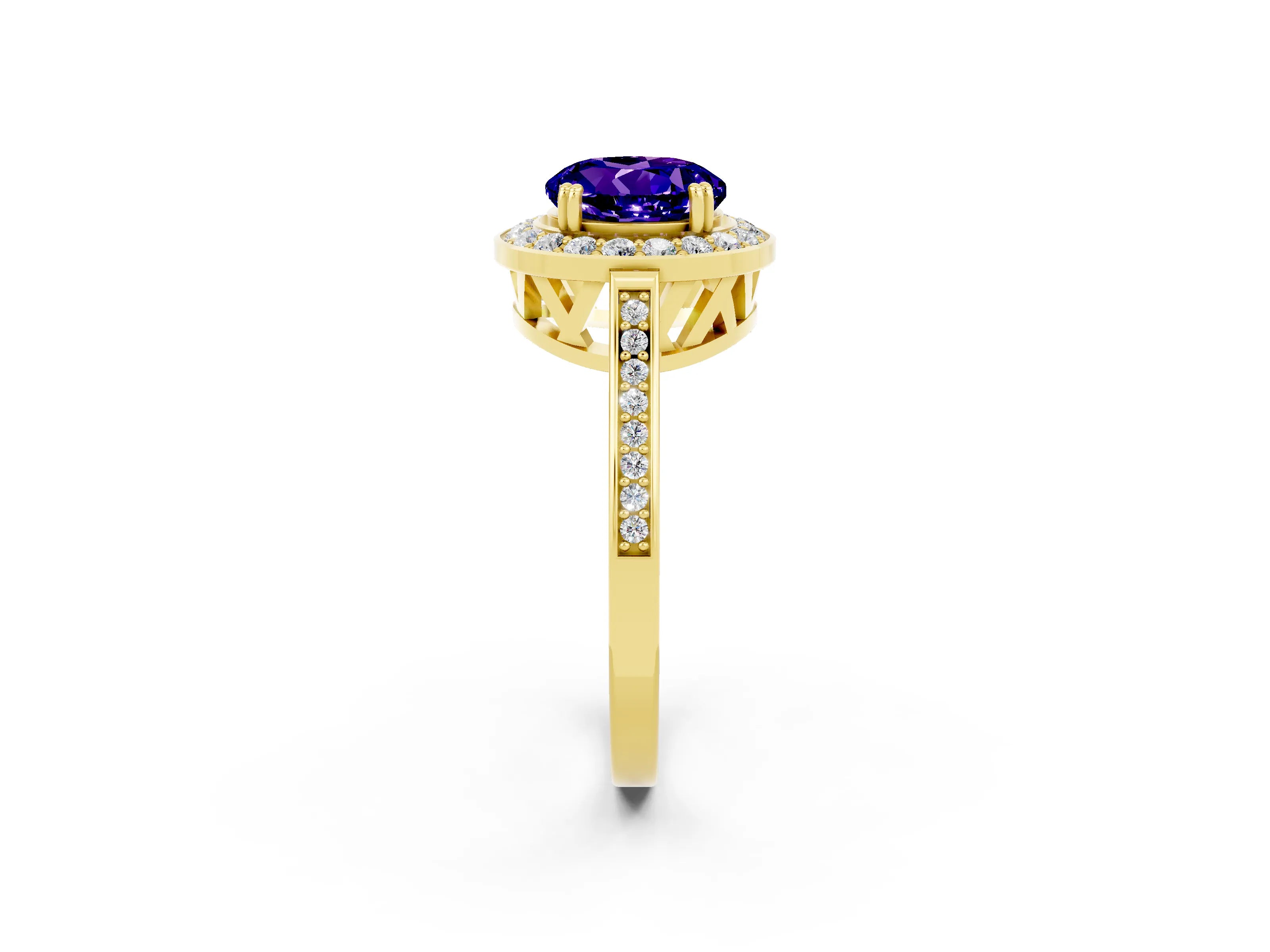 Yellow gold Round Cut Tanzanite Halo Ring with Split Shank and Four-Prong Setting_2