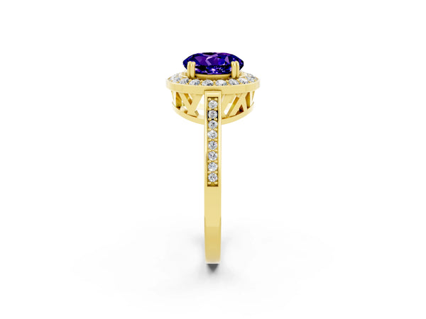 Yellow gold Round Cut Tanzanite Halo Ring with Split Shank and Four-Prong Setting