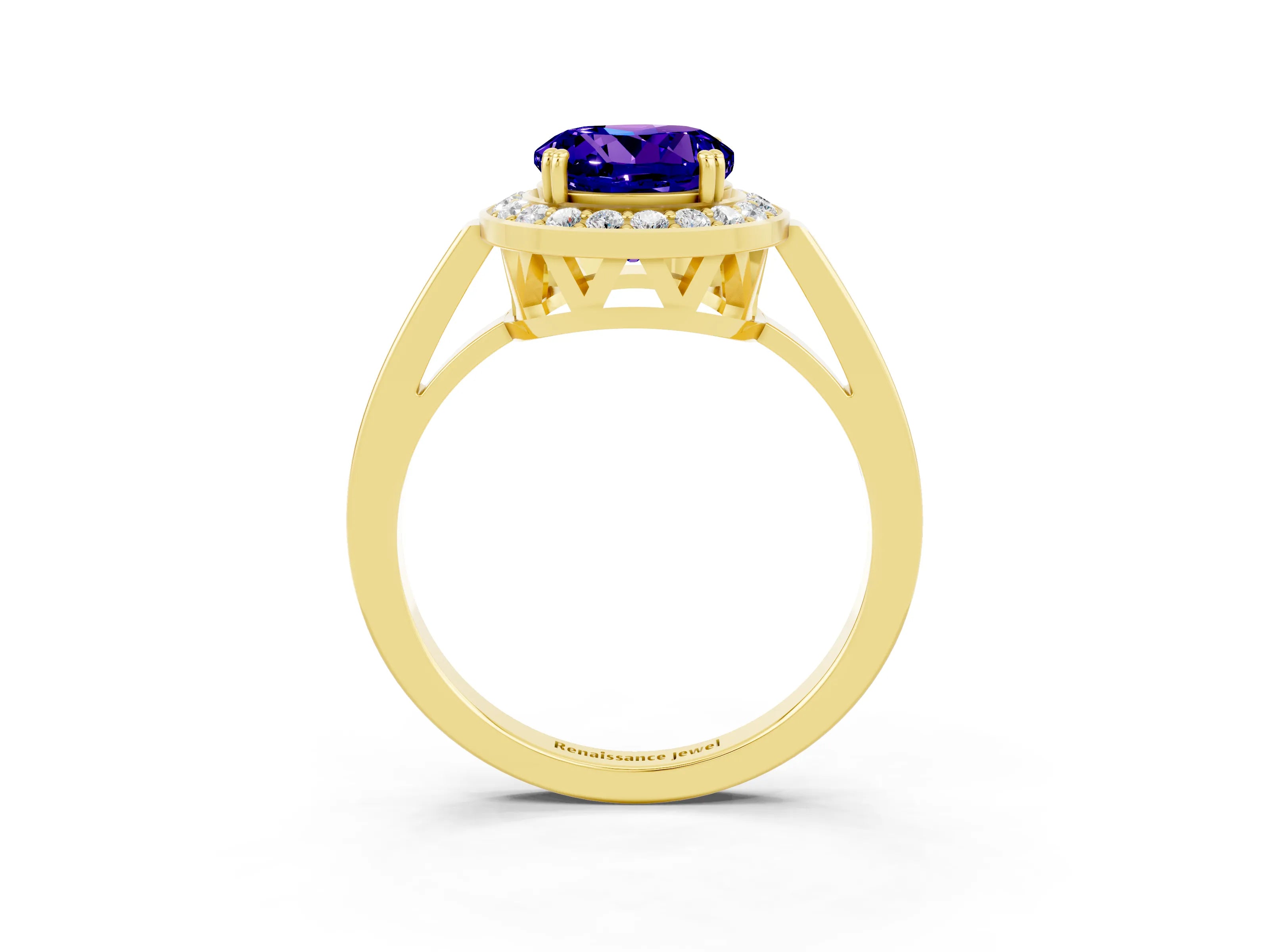 Yellow gold Round Cut Tanzanite Halo Ring with Split Shank and Four-Prong Setting_3