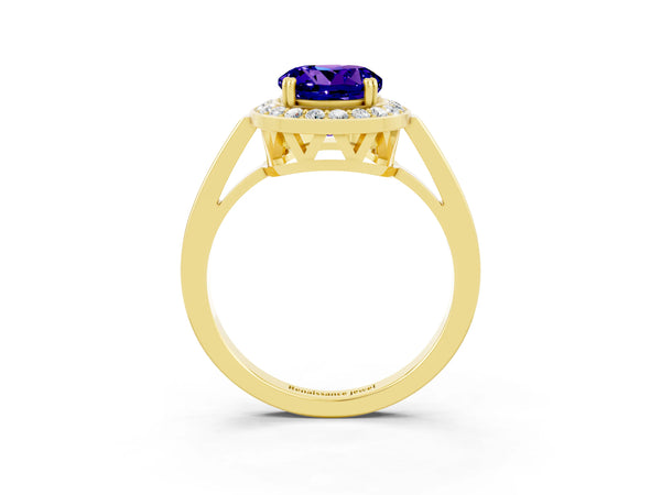 Yellow gold Round Cut Tanzanite Halo Ring with Split Shank and Four-Prong Setting
