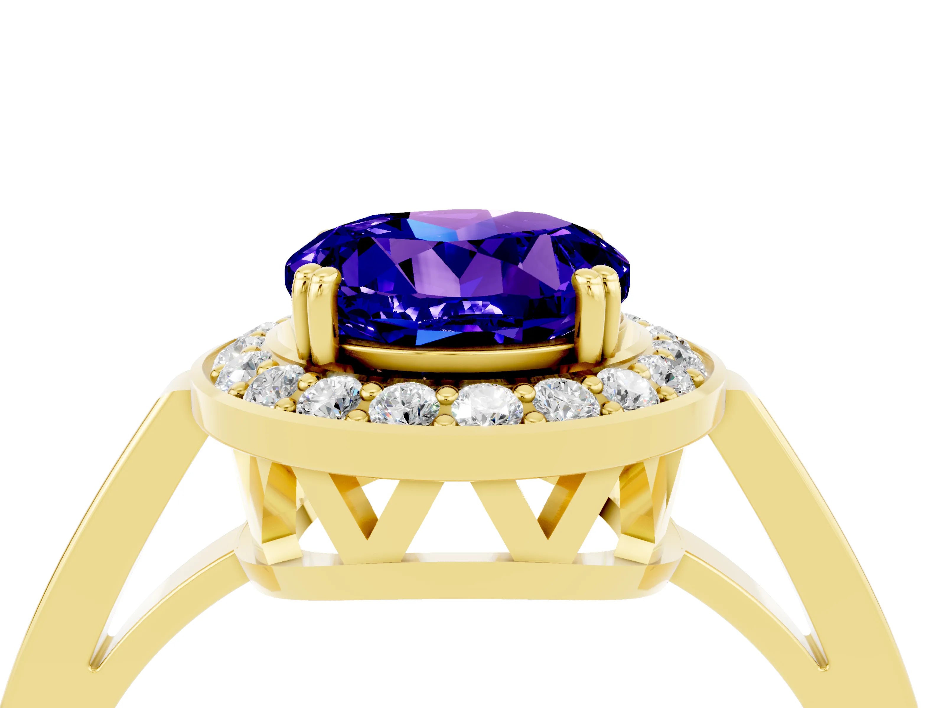 Yellow gold Round Cut Tanzanite Halo Ring with Split Shank and Four-Prong Setting_4
