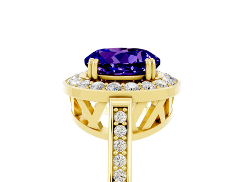 Yellow gold Round Cut Tanzanite Halo Ring with Split Shank and Four-Prong Setting_5