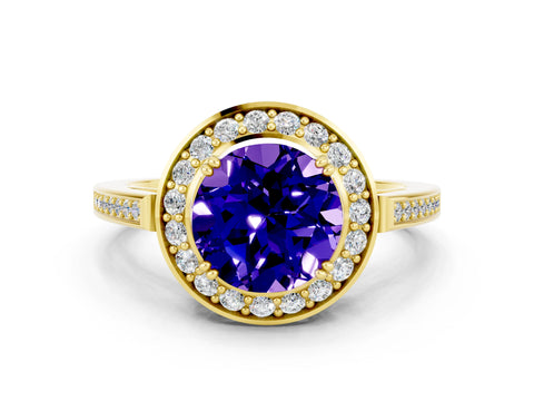 Yellow gold Round Cut Tanzanite Halo Ring with Split Shank and Four-Prong Setting