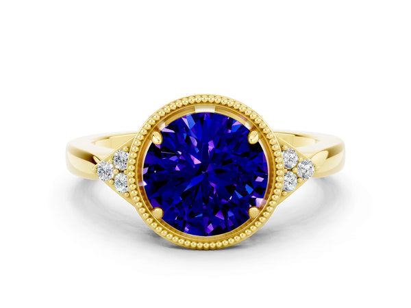 Yellow gold Round Cut Tanzanite Halo Ring with Tapered Band and Four-Prong Setting