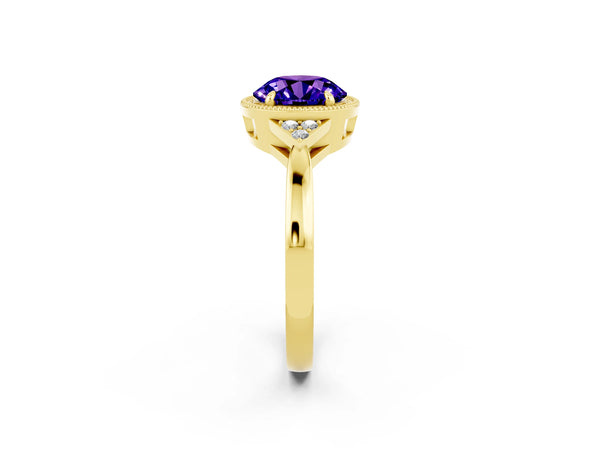 Yellow gold Round Cut Tanzanite Halo Ring with Tapered Band and Four-Prong Setting