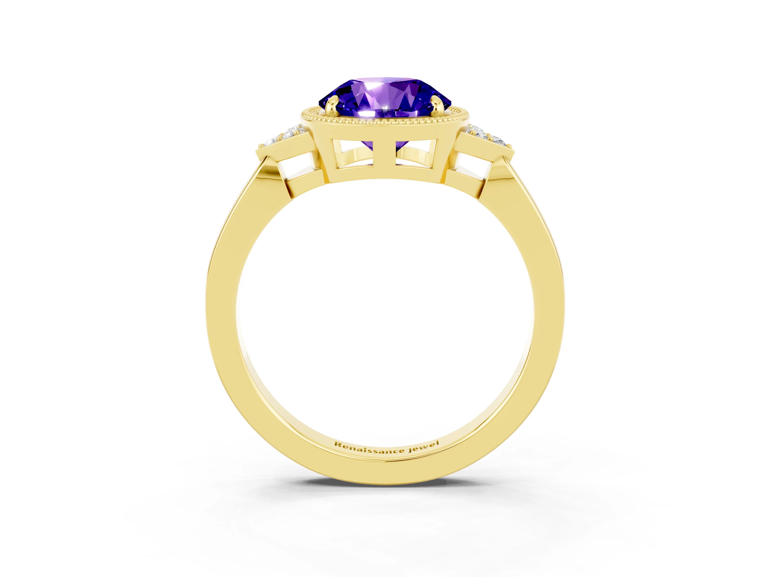 Yellow gold Round Cut Tanzanite Halo Ring with Tapered Band and Four-Prong Setting_3