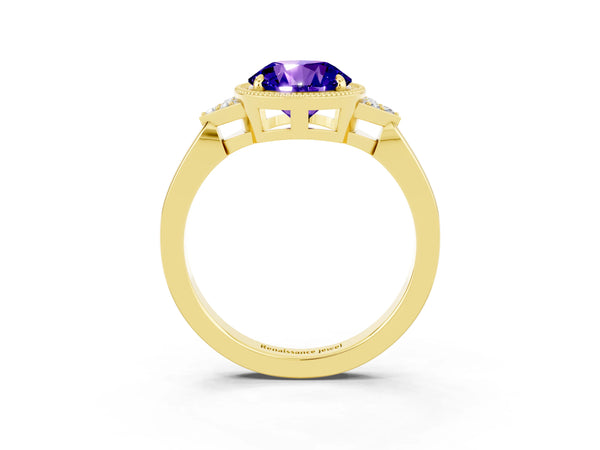 Yellow gold Round Cut Tanzanite Halo Ring with Tapered Band and Four-Prong Setting
