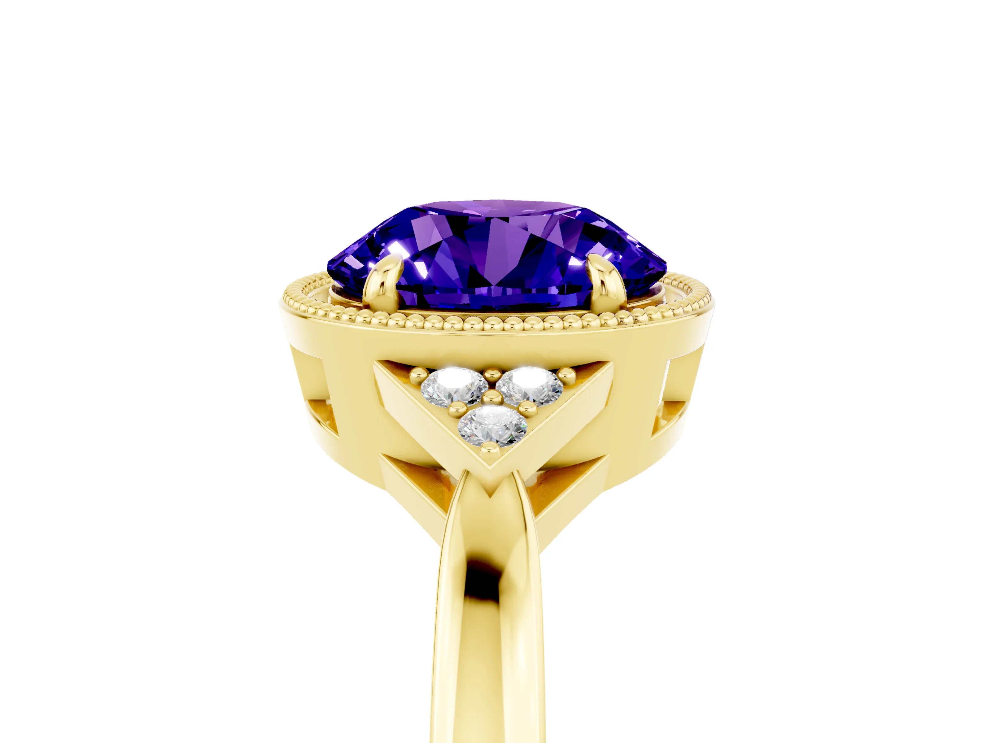 Yellow gold Round Cut Tanzanite Halo Ring with Tapered Band and Four-Prong Setting_5