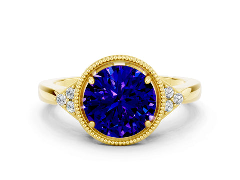 Yellow gold Round Cut Tanzanite Halo Ring with Tapered Band and Four-Prong Setting