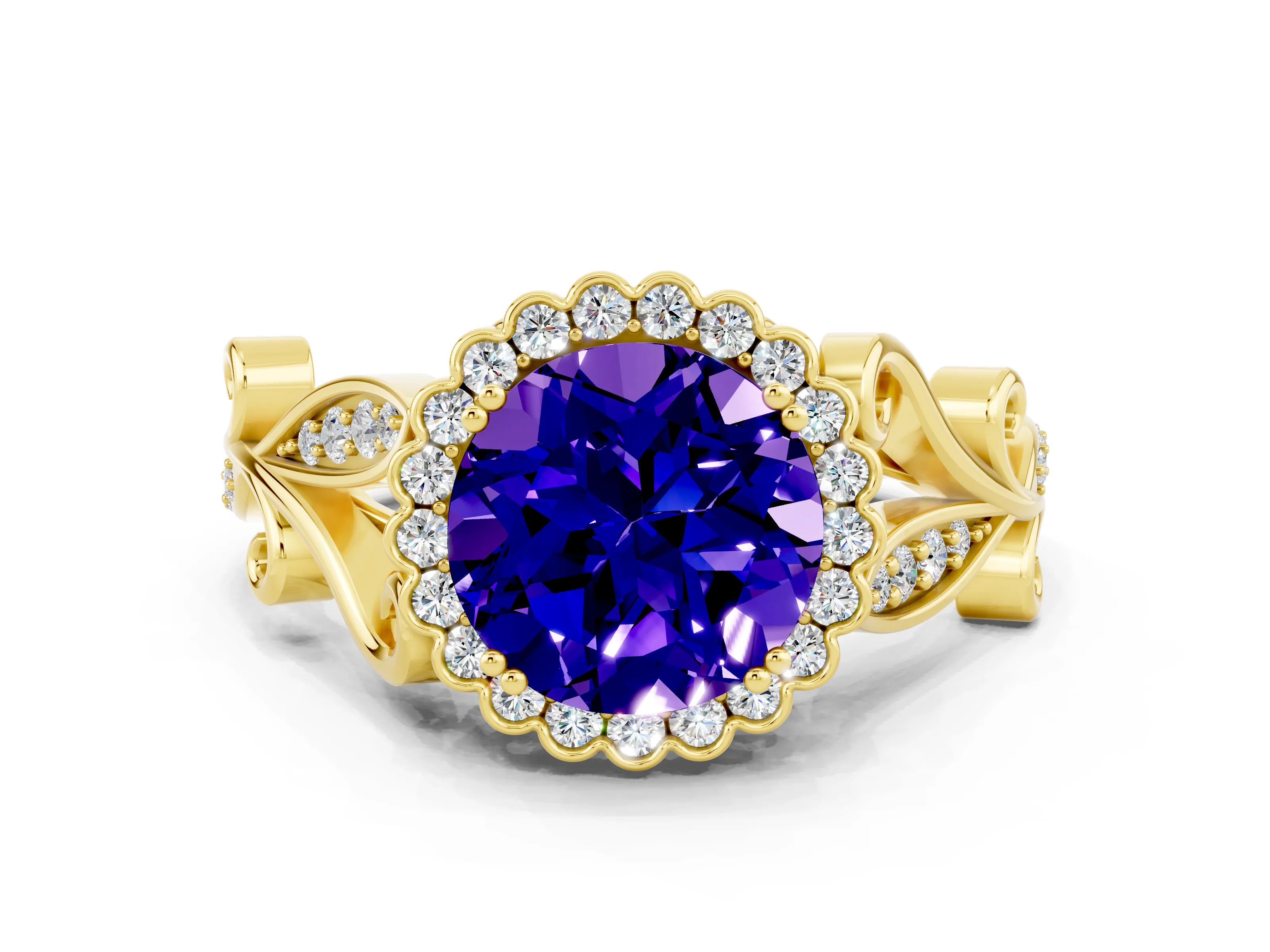 Yellow gold Round Cut Tanzanite Halo Ring with Vintage Split Shank and Four-Prong Setting