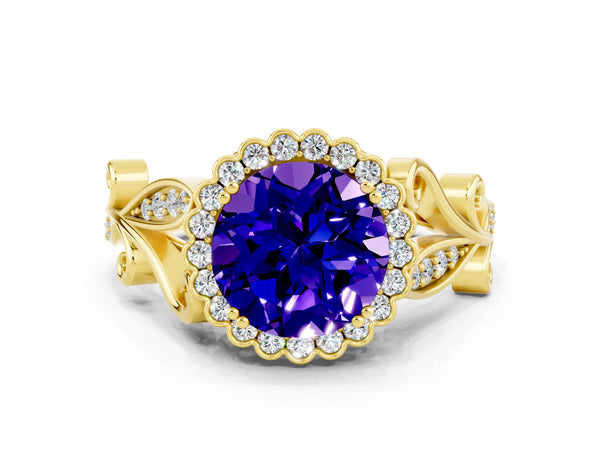 Yellow gold Round Cut Tanzanite Halo Ring with Vintage Split Shank and Four-Prong Setting