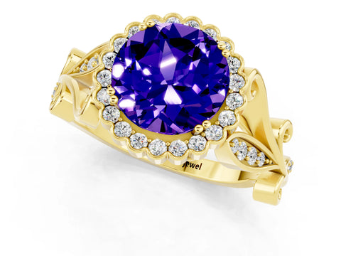 Yellow gold Round Cut Tanzanite Halo Ring with Vintage Split Shank and Four-Prong Setting_1