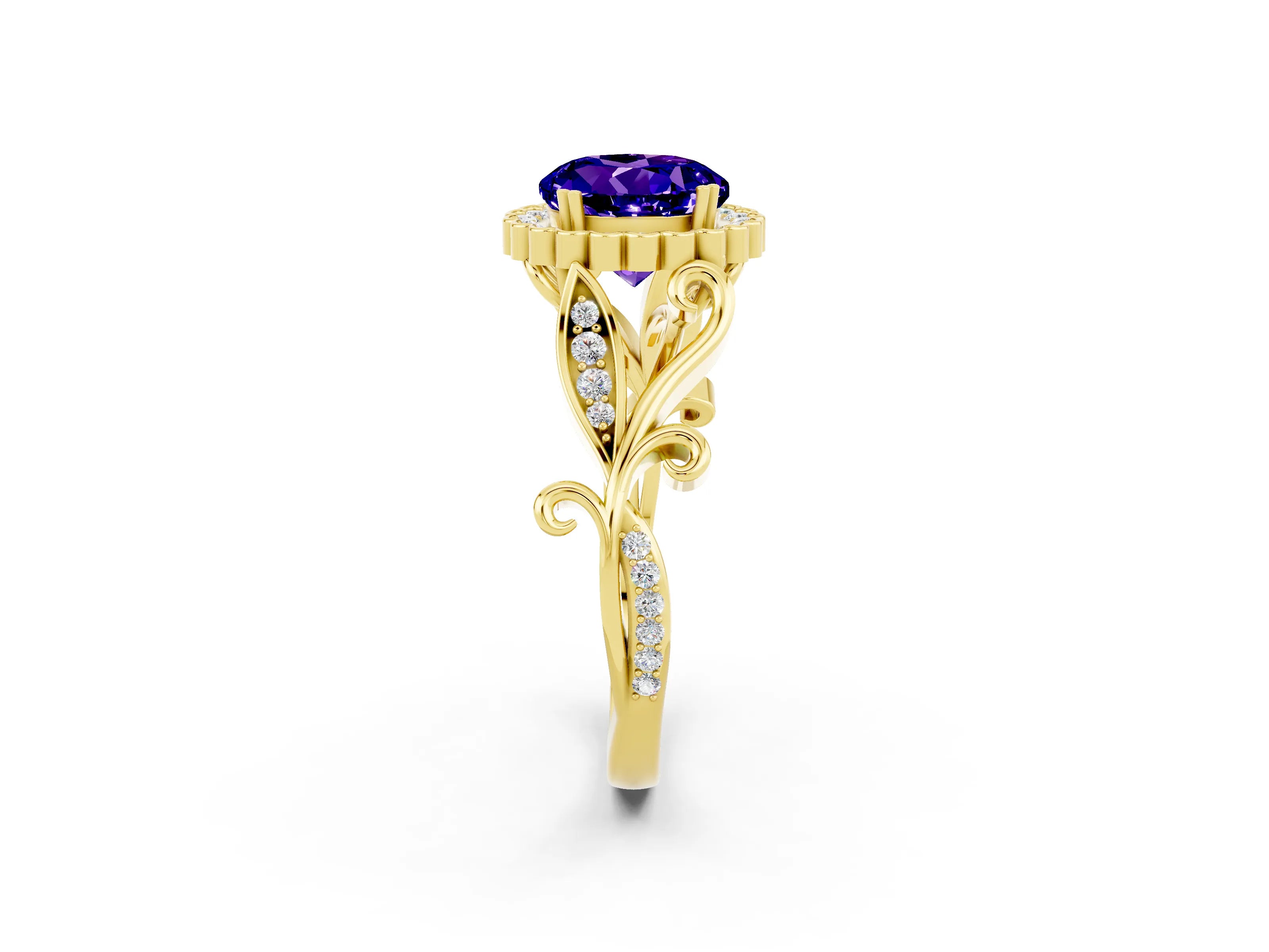 Yellow gold Round Cut Tanzanite Halo Ring with Vintage Split Shank and Four-Prong Setting_2
