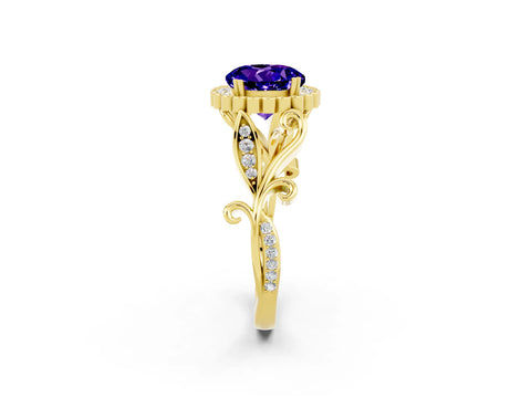 Yellow gold Round Cut Tanzanite Halo Ring with Vintage Split Shank and Four-Prong Setting_2