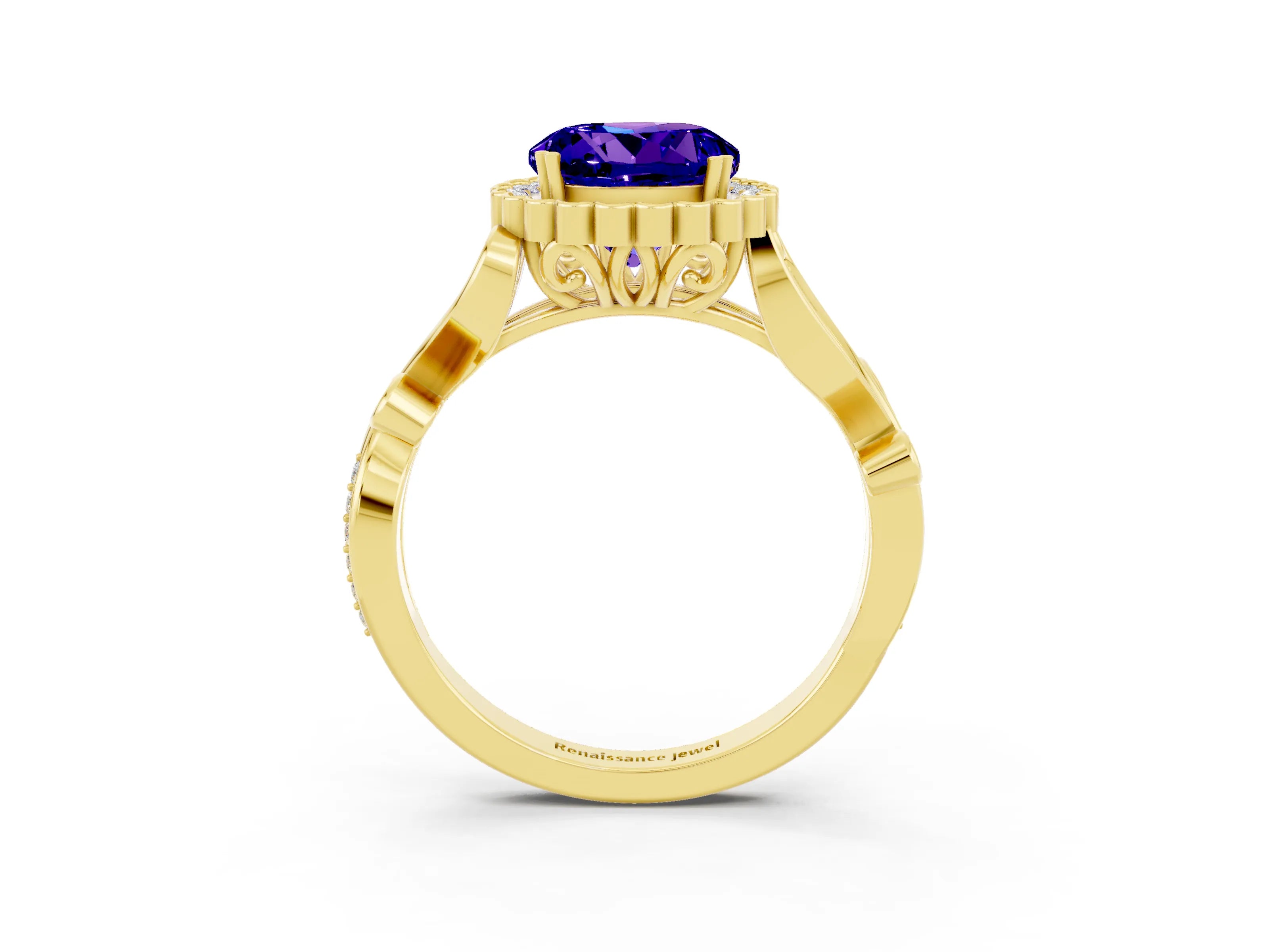 Yellow gold Round Cut Tanzanite Halo Ring with Vintage Split Shank and Four-Prong Setting_3