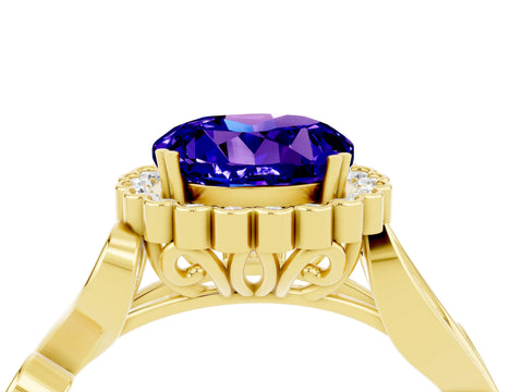 Yellow gold Round Cut Tanzanite Halo Ring with Vintage Split Shank and Four-Prong Setting_4