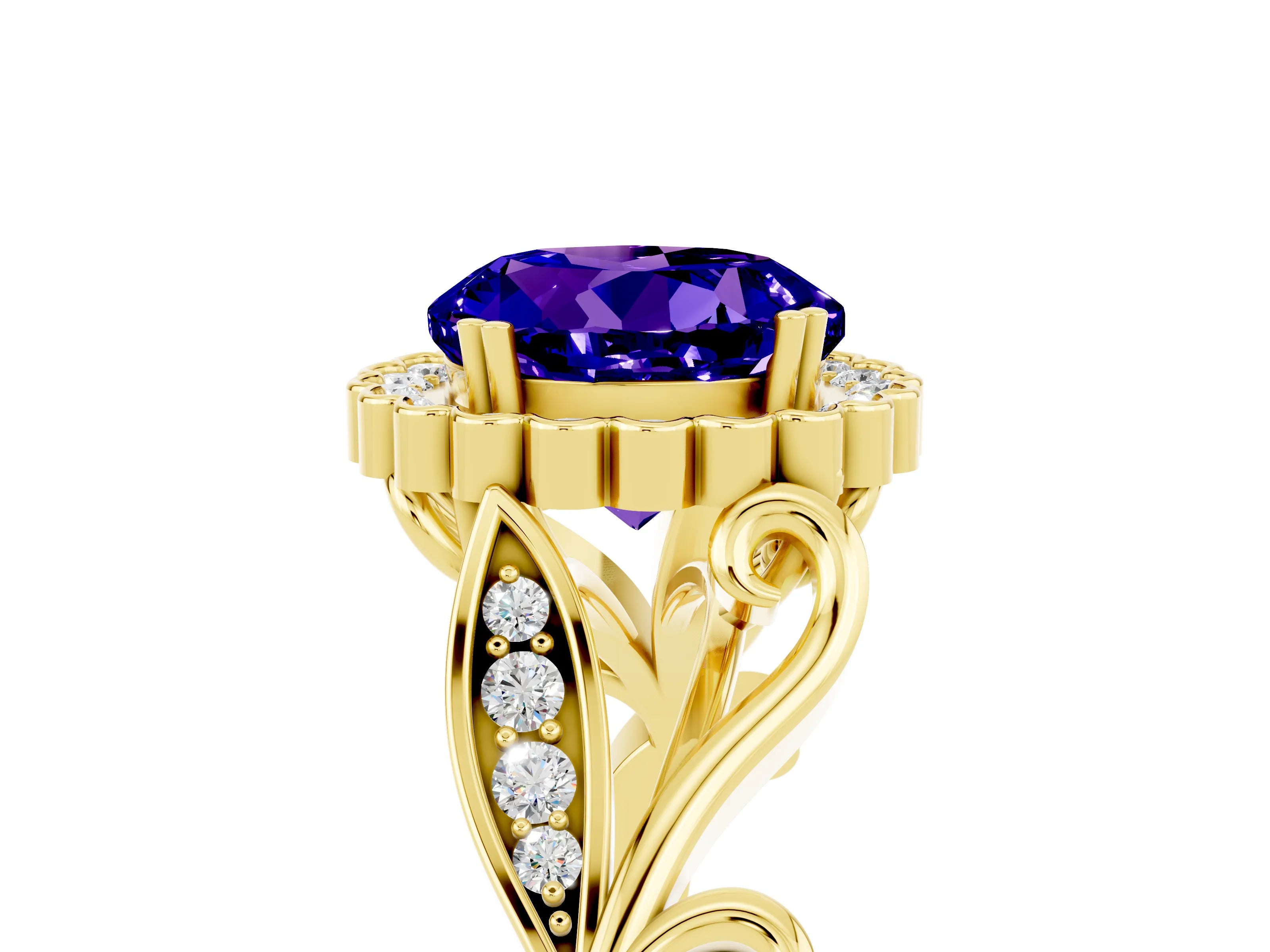 Yellow gold Round Cut Tanzanite Halo Ring with Vintage Split Shank and Four-Prong Setting_5