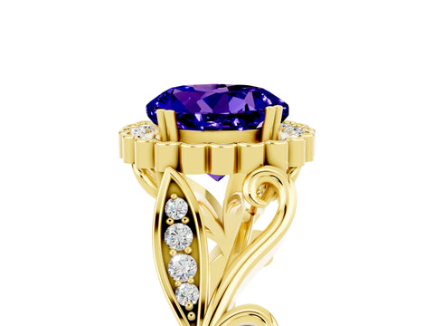 Yellow gold Round Cut Tanzanite Halo Ring with Vintage Split Shank and Four-Prong Setting_5