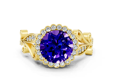 Yellow gold Round Cut Tanzanite Halo Ring with Vintage Split Shank and Four-Prong Setting