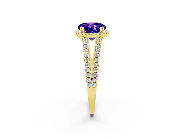 Yellow gold Round Cut Tanzanite Halo Split Shank Engagement Ring