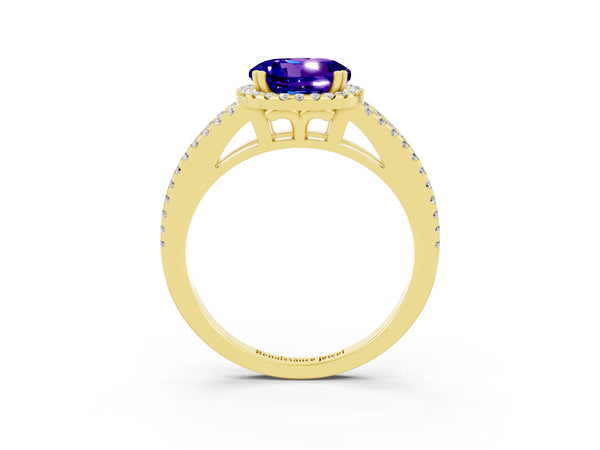 Yellow gold Round Cut Tanzanite Halo Split Shank Engagement Ring